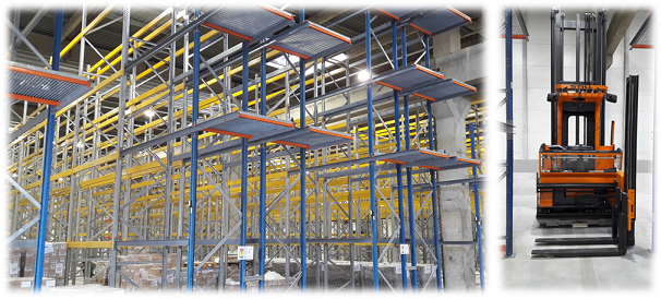 Zone de stockage palettes en allées étroites et tridirectionnels